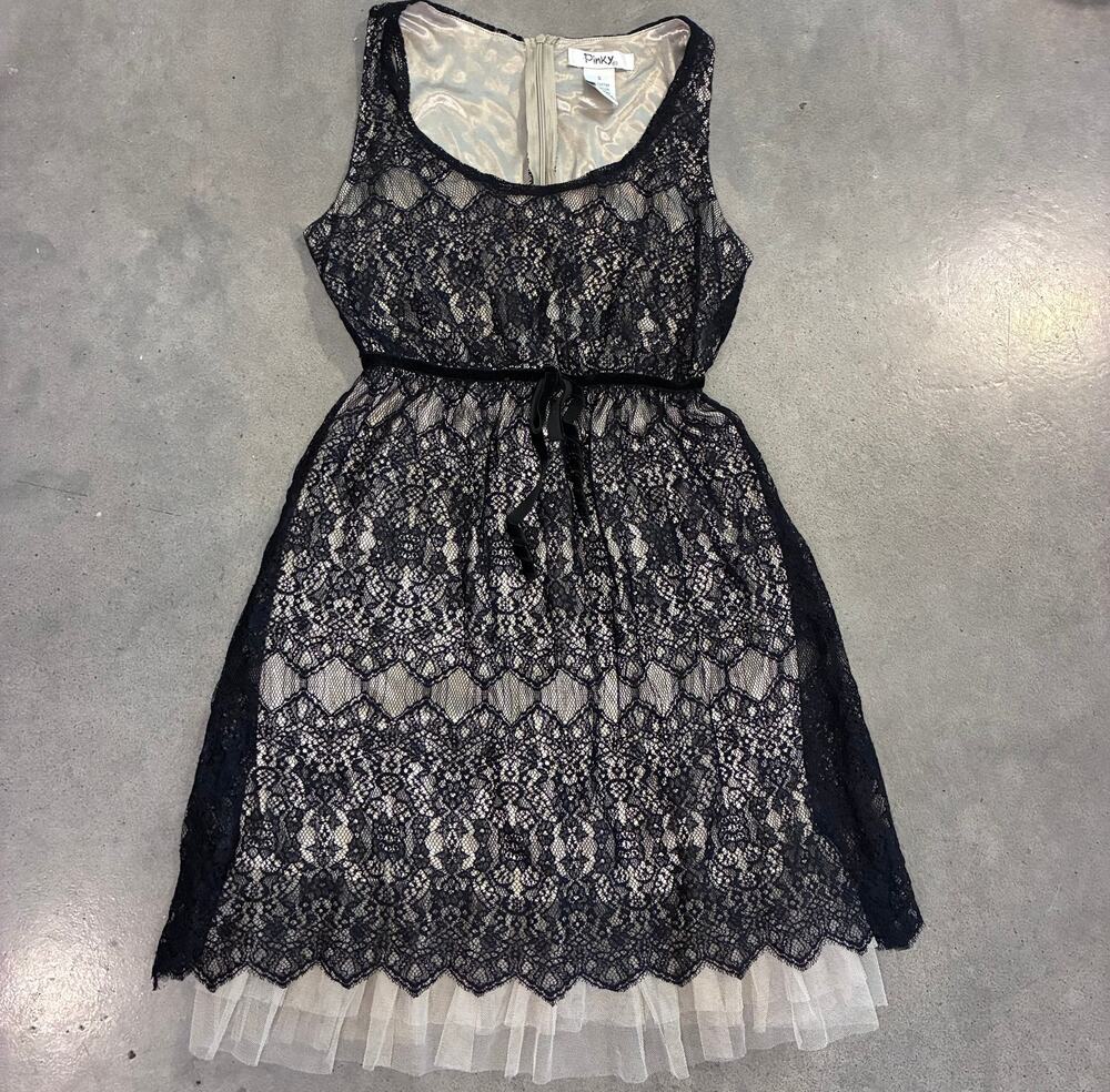 Pinky black lace beige tool whimsygoth Y2K formal dress womens small